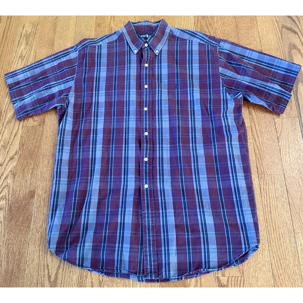 Ralph Lauren Blake Mens Large Rust Red Grey Plaid Short Sleeve Button Up Shirt - Picture 3 of 6